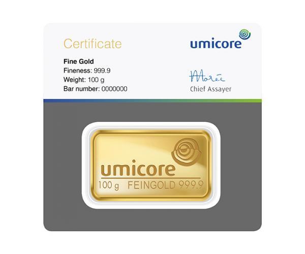 100 Gram Umicore Investment Gold Bar (999.9) image